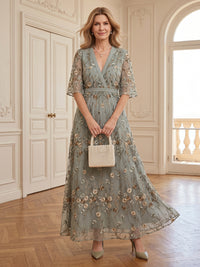 Lace V Neck A Line Short Sleeves Long Mother of the Bride Dresses