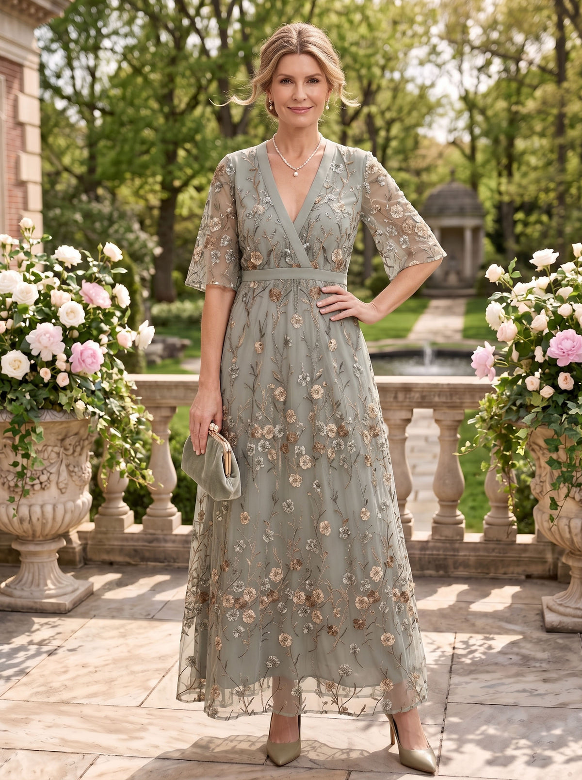 Lace V Neck A Line Short Sleeves Long Mother of the Bride Dresses