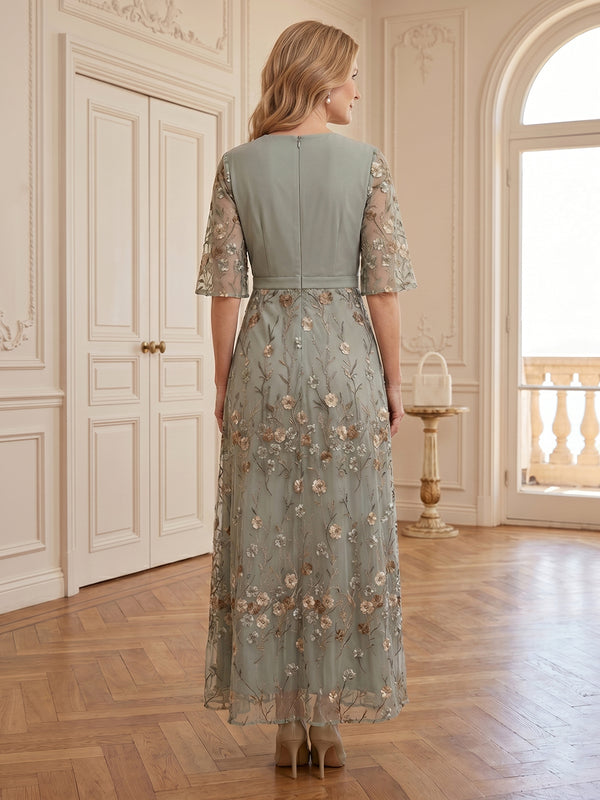 Lace V Neck A Line Short Sleeves Long Mother of the Bride Dresses