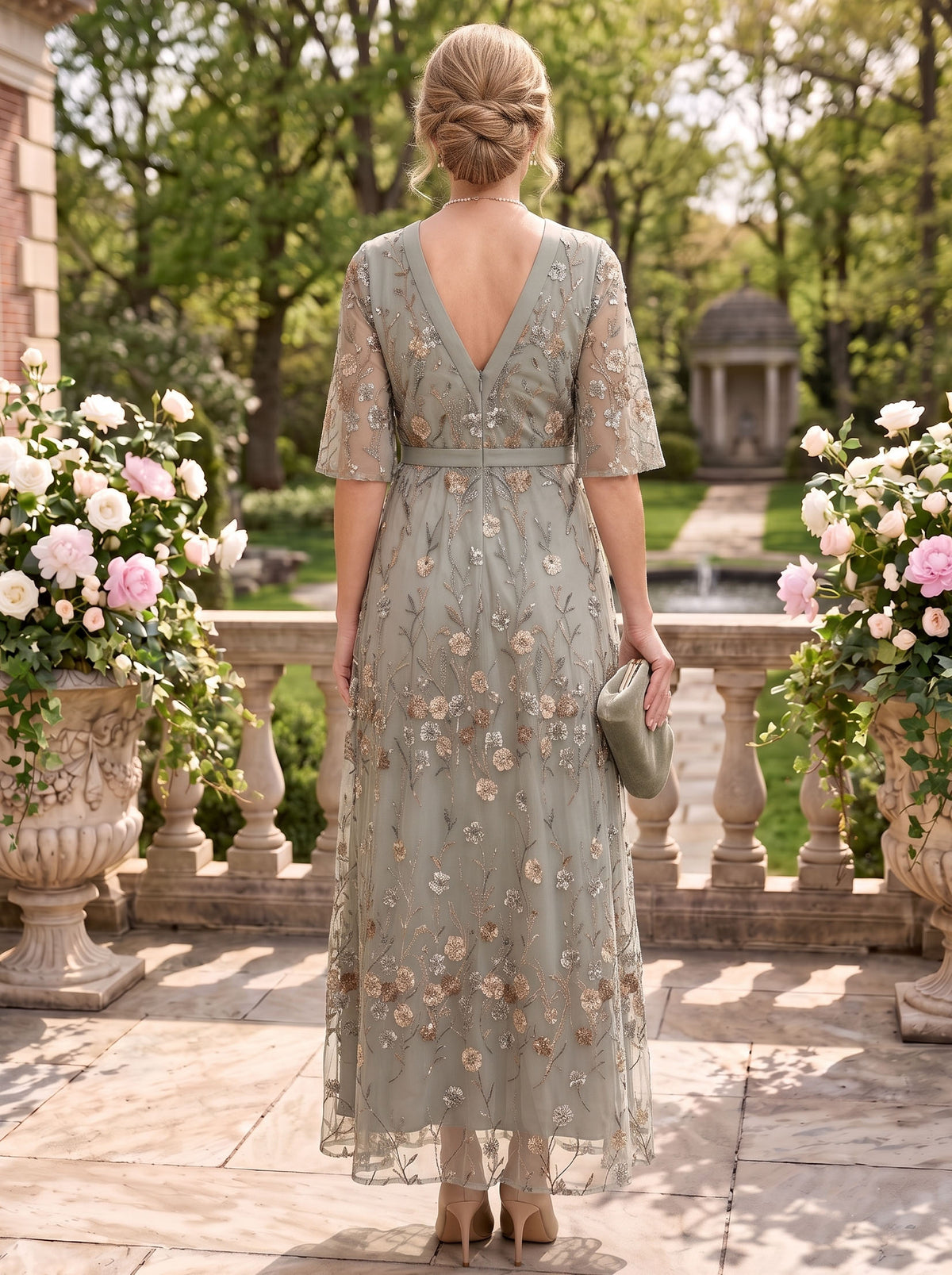 Lace V Neck A Line Short Sleeves Long Mother of the Bride Dresses