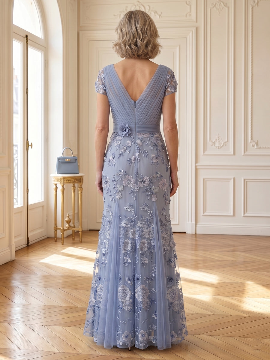 Lace Appliques V Neck Short Sleeves Long Mother of the Bride Dresses