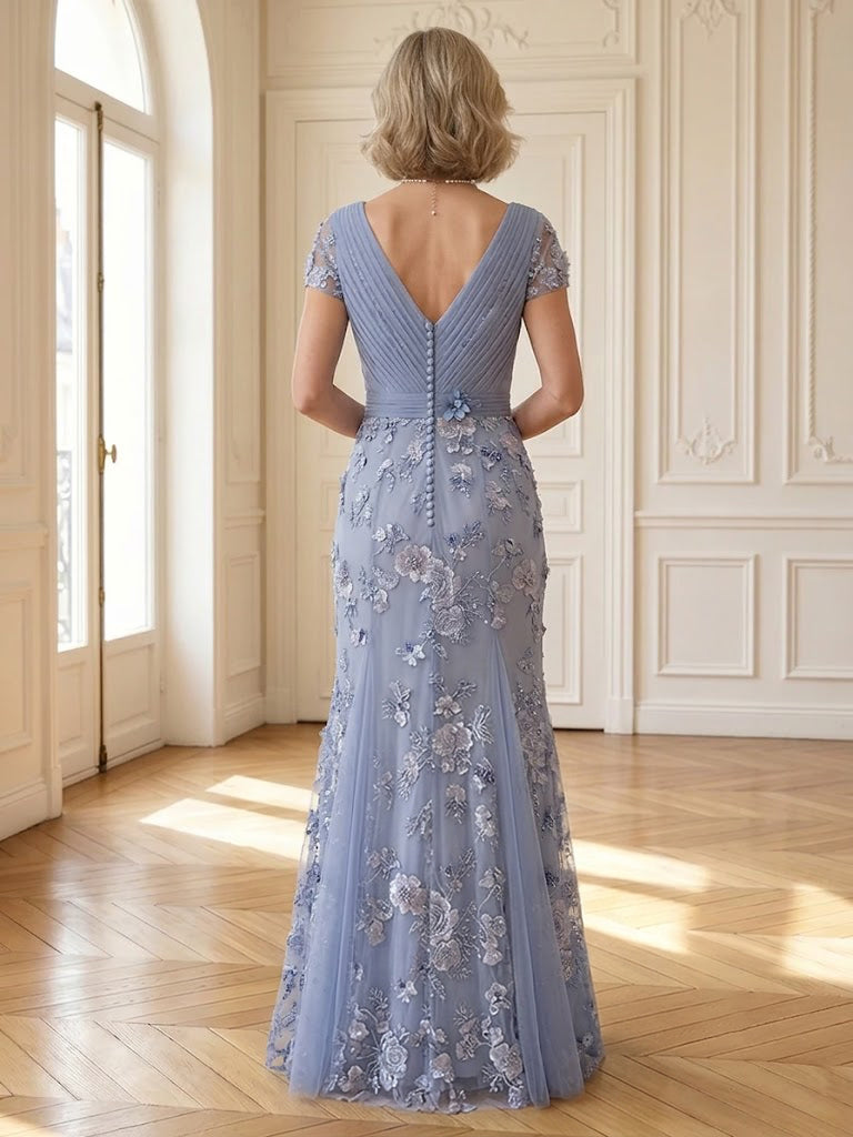 Lace Appliques V Neck Short Sleeves Long Mother of the Bride Dresses
