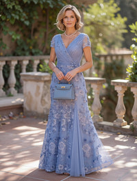 Lace Appliques V Neck Short Sleeves Long Mother of the Bride Dresses