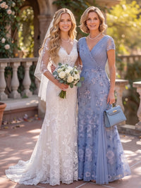 Lace Appliques V Neck Short Sleeves Long Mother of the Bride Dresses