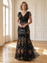 Lace Appliques V Neck Short Sleeves Long Mother of the Bride Dresses