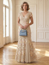 Lace Appliques V Neck Short Sleeves Long Mother of the Bride Dresses
