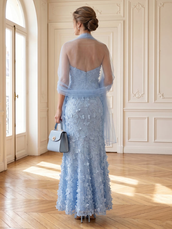 Lace Appliques Strapless Mermaid Long Mother of the Bride Dresses with Cape