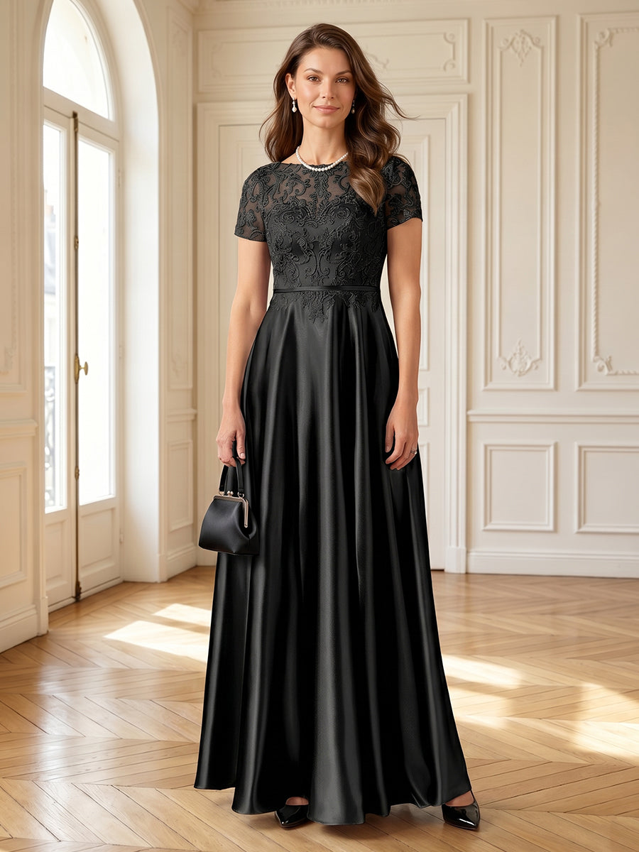 Satin Round Neck A Line Long Mother of the Bride Dresses