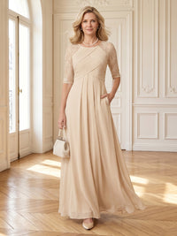 Chiffon 3/4 Sleeves A Line Long Mother of the Bride Dresses with Pockets