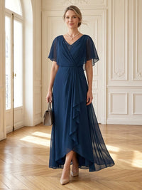 Chiffon V Neck A Line Long Mother of the Bride Dresses with Ruffles