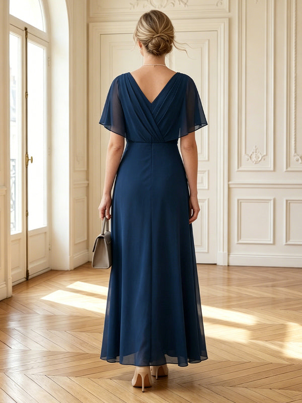 Chiffon V Neck A Line Long Mother of the Bride Dresses with Ruffles