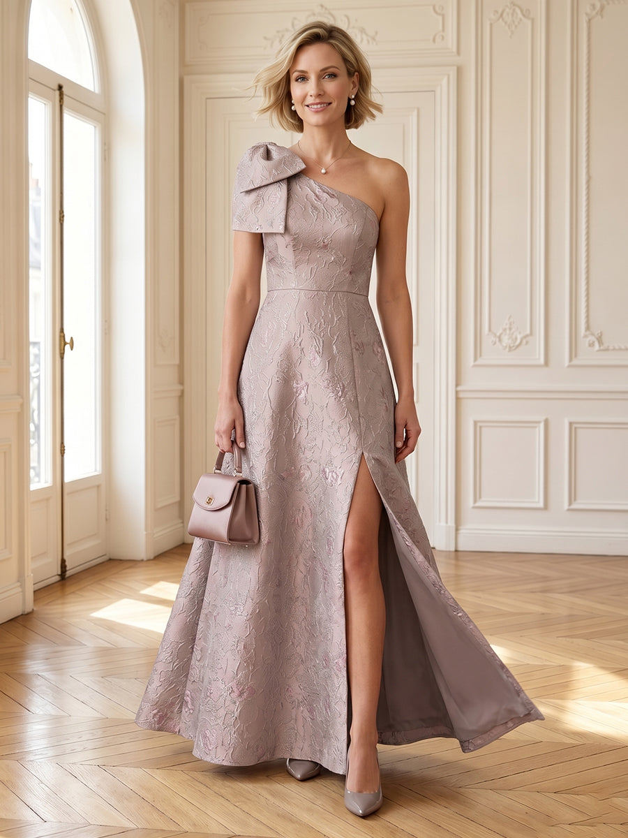 Jacquard One Shoulder A Line Long Mother of the Bride Dresses with Bow