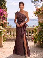 Jacquard One Shoulder A Line Long Mother of the Bride Dresses with Slit
