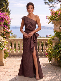 Jacquard One Shoulder A Line Long Mother of the Bride Dresses with Slit