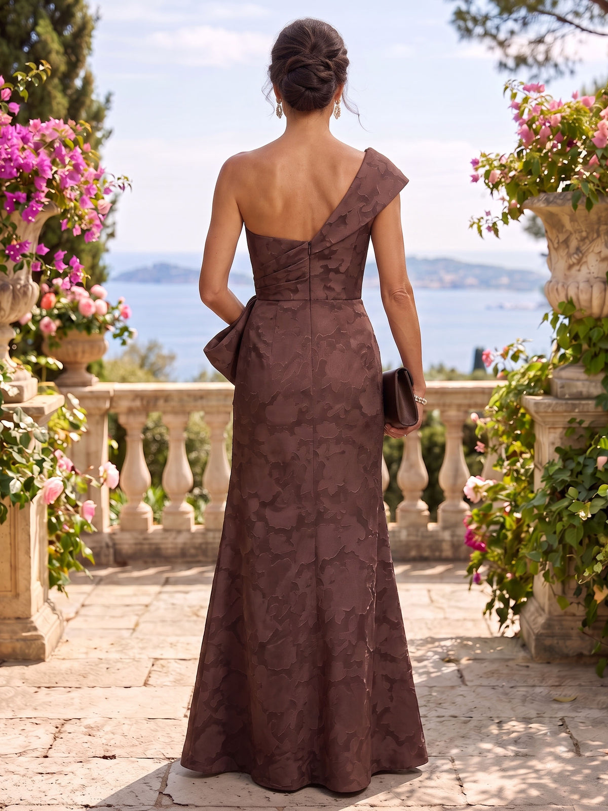 Jacquard One Shoulder A Line Long Mother of the Bride Dresses with Slit