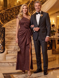 Jacquard One Shoulder A Line Long Mother of the Bride Dresses with Slit
