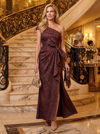 Jacquard One Shoulder A Line Long Mother of the Bride Dresses with Slit