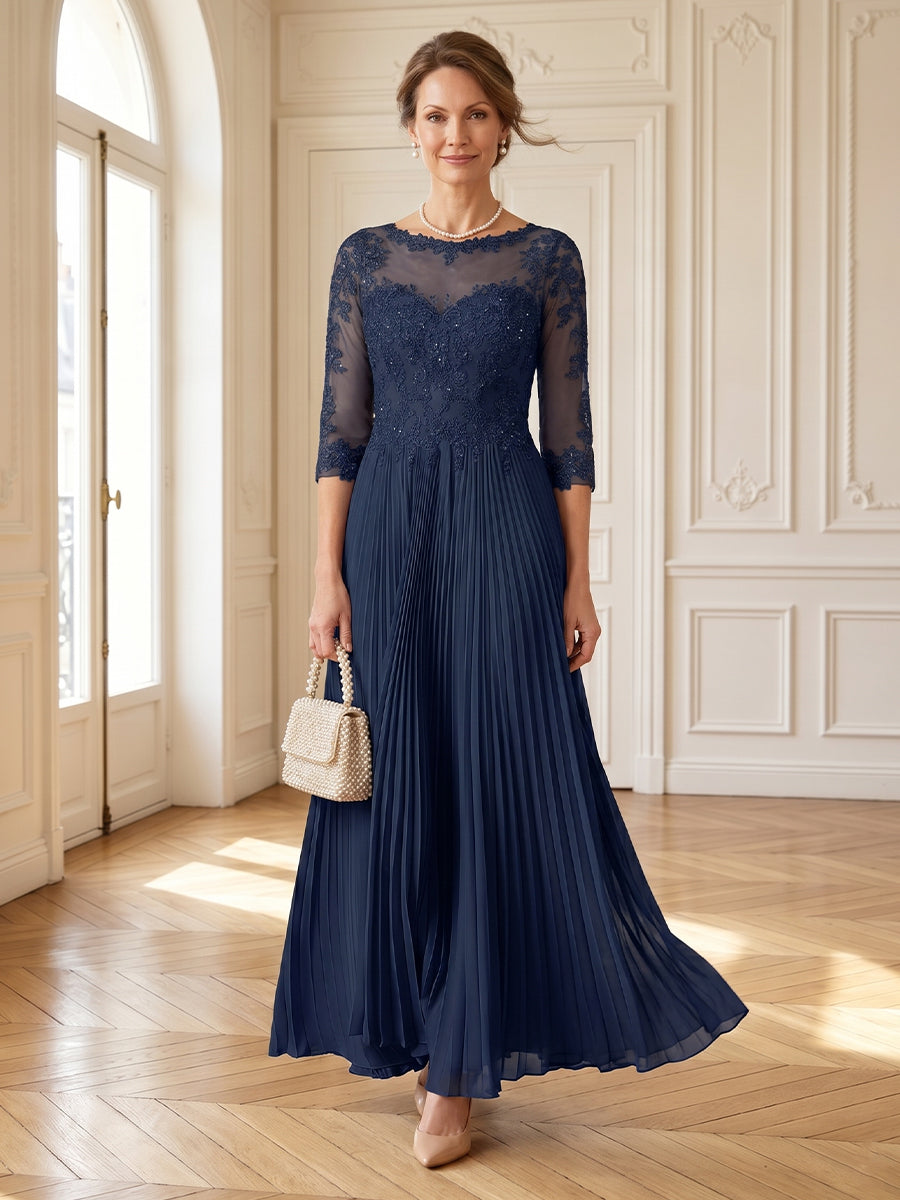 Chiffon Round Neck A Line Long Mother of the Bride Dresses with Pleated