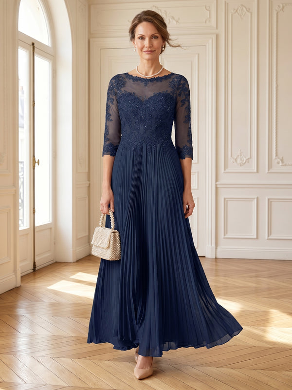 Chiffon Round Neck A Line Long Mother of the Bride Dresses with Pleated