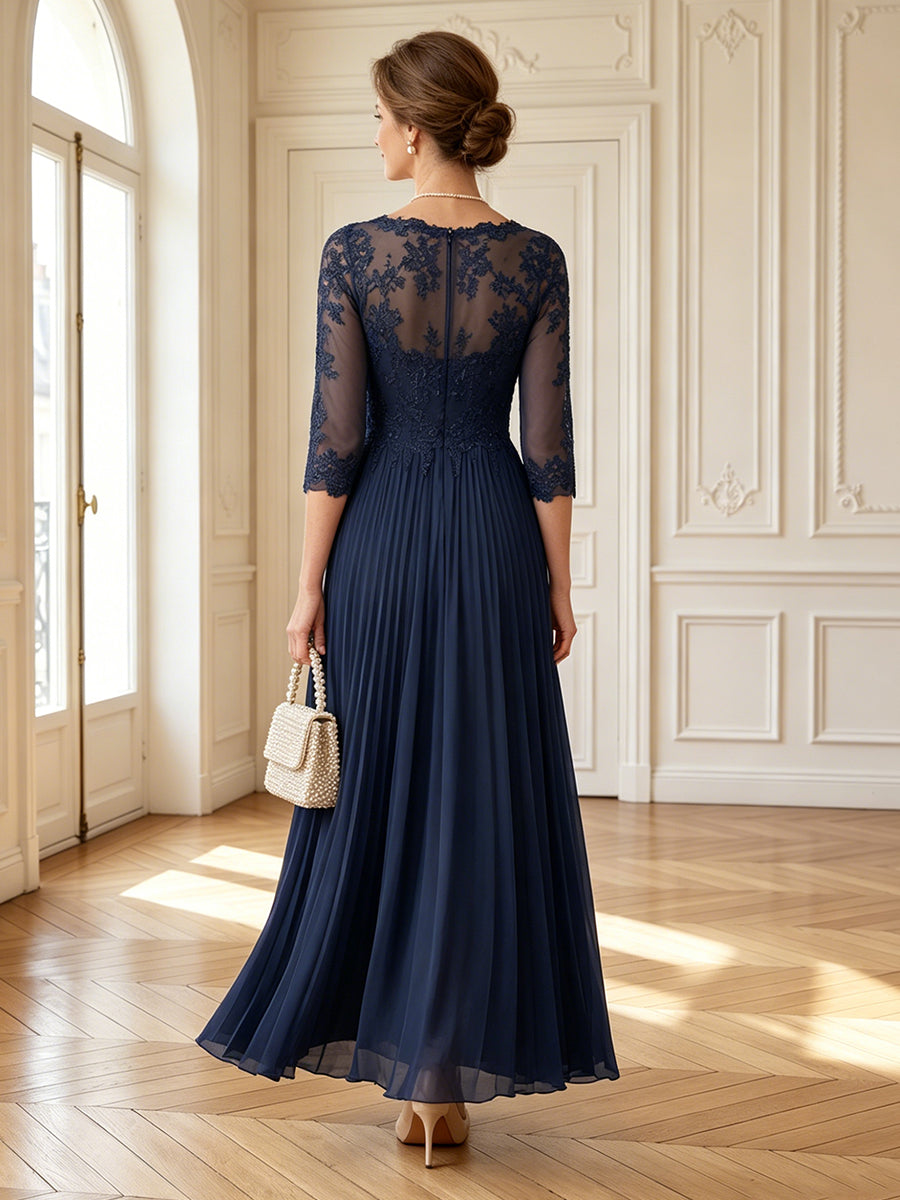 Chiffon Round Neck A Line Long Mother of the Bride Dresses with Pleated