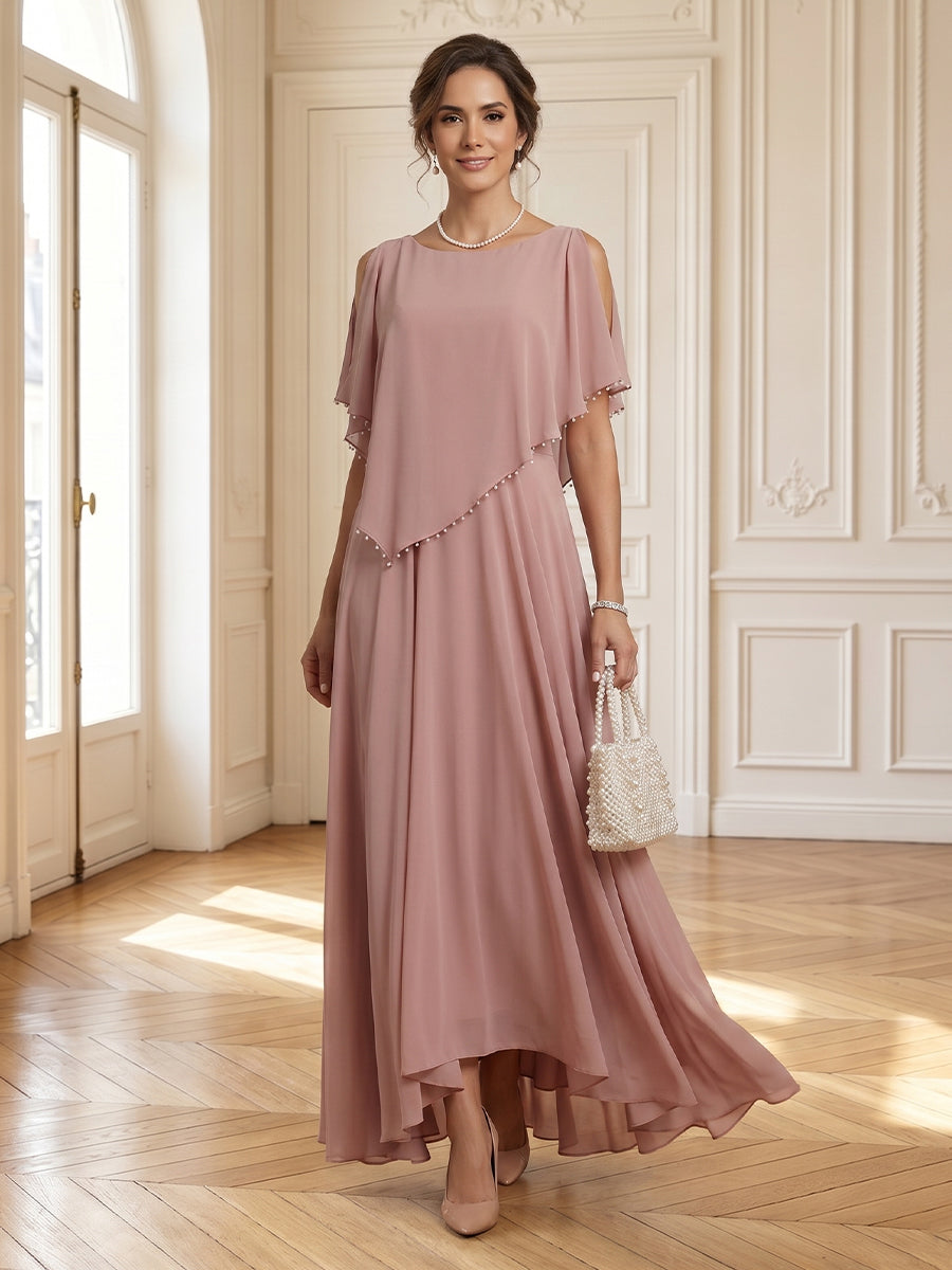 Chiffon Round Neck A Line Long Mother of the Bride Dresses with Cape