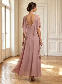 Chiffon Round Neck A Line Long Mother of the Bride Dresses with Cape