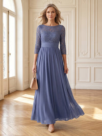 Chiffon Round Neck A Line Long 3/4 Sleeves Mother of the Bride Dresses