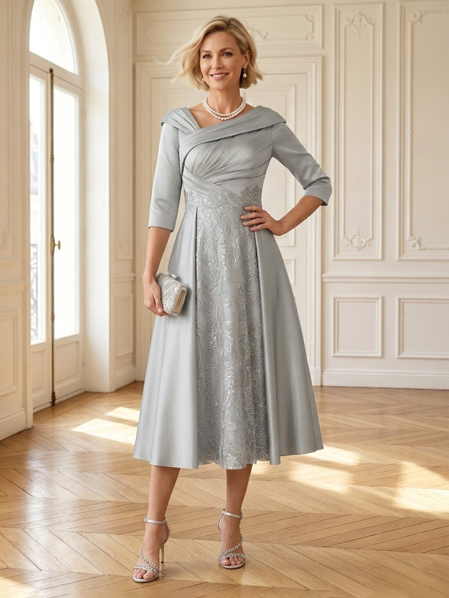 Jacquard 3/4 Sleeves A Line Mid Mother of the Bride Dresses
