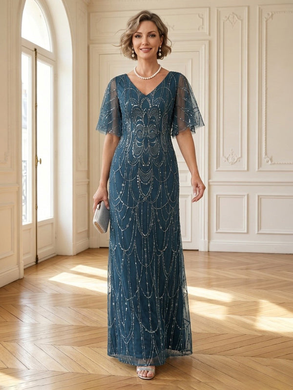 Sequin Short Sleeves A Line V Neck Long Mother of the Bride Dresses