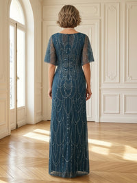 Sequin Short Sleeves A Line V Neck Long Mother of the Bride Dresses