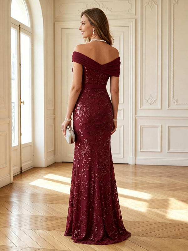 Lace Sequin One Shoulder A Line Long Mother of the Bride Dresses