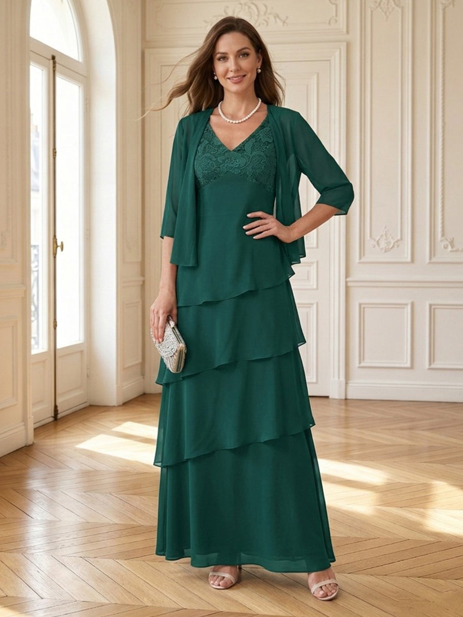 Chiffon V Neck A Line Long 3/4 Sleeves Mother of the Bride Dresses with Jackets