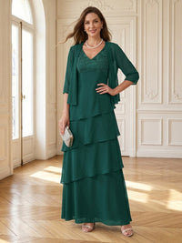 Chiffon V Neck A Line Long 3/4 Sleeves Mother of the Bride Dresses with Jackets
