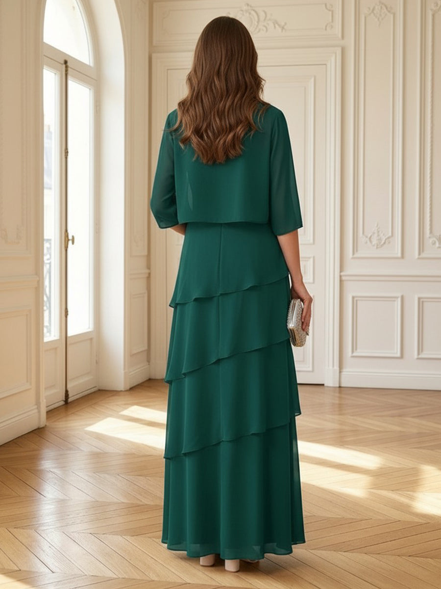 Chiffon V Neck A Line Long 3/4 Sleeves Mother of the Bride Dresses with Jackets