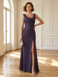 Chiffon Cowl Neck A Line Long Mother of the Bride Dresses