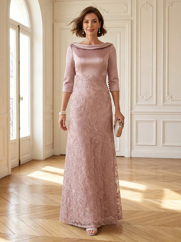 Satin Round Neck A Line 3/4 Sleeves Long Mother of the Bride Dresses