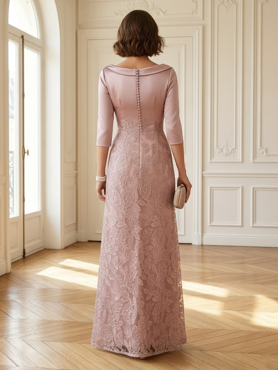 Satin Round Neck A Line 3/4 Sleeves Long Mother of the Bride Dresses