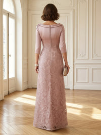 Satin Round Neck A Line 3/4 Sleeves Long Mother of the Bride Dresses