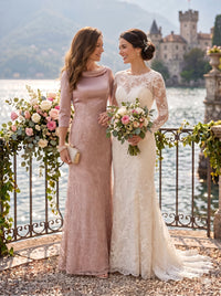 Satin Round Neck A Line 3/4 Sleeves Long Mother of the Bride Dresses