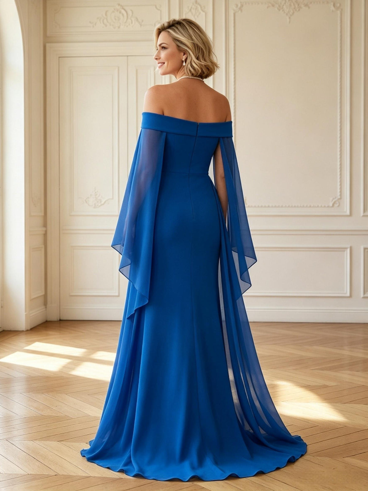 Chiffon Off Shoulder Mermaid Long Mother of the Bride Dresses with Pleated