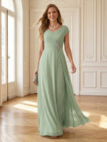 Chiffon V Neck Off Shoulder A Line Long Mother of the Bride Dresses