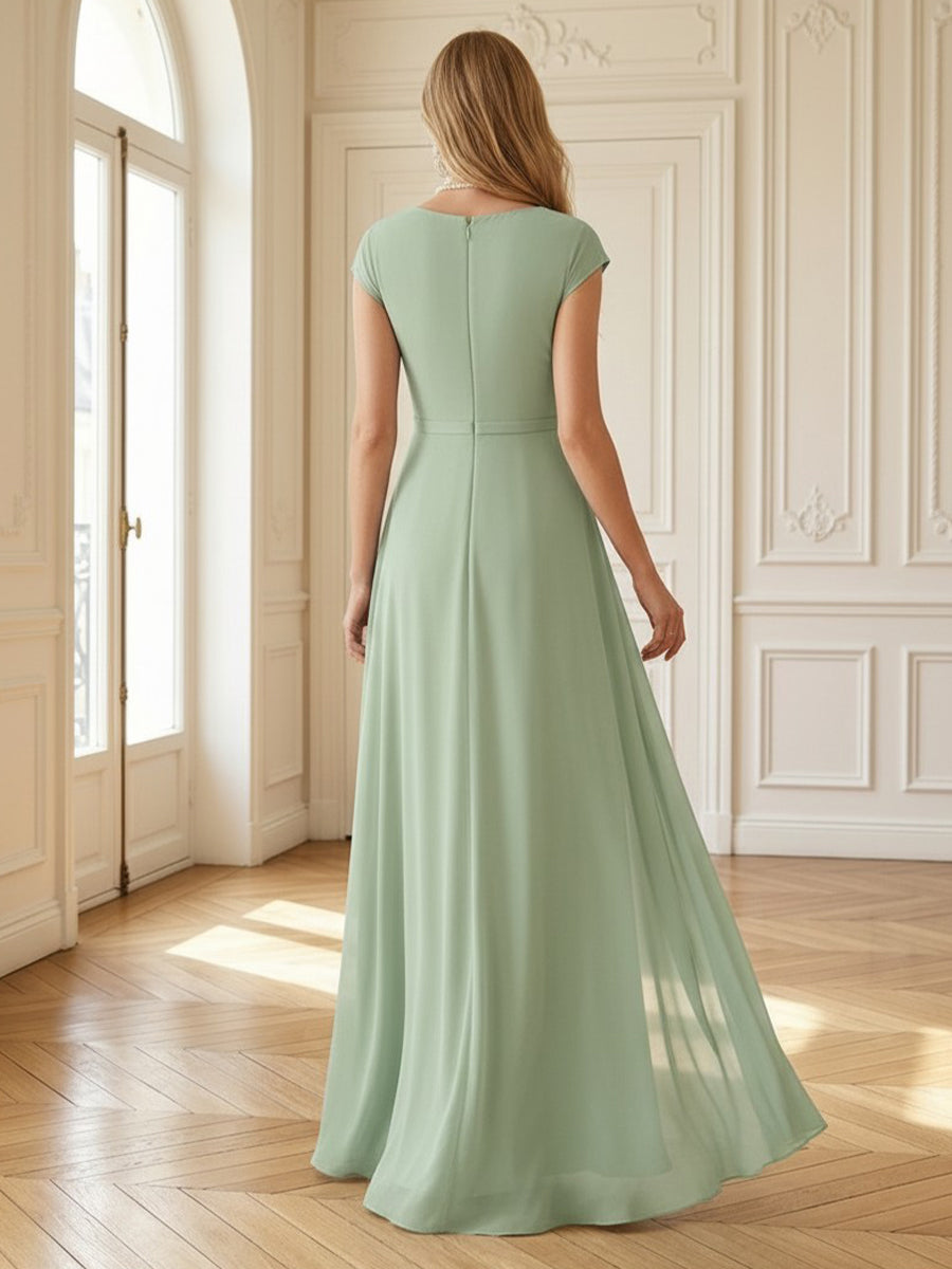 Chiffon V Neck Off Shoulder A Line Long Mother of the Bride Dresses