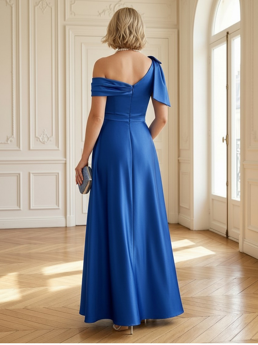 Satin One Shoulder A Line Long Mother of the Bride Dresses with Bow