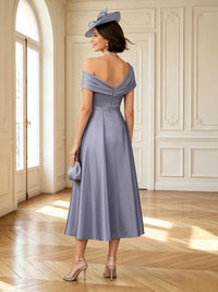 Satin A Line One Shoulder Tea Mother of the Bride Dresses