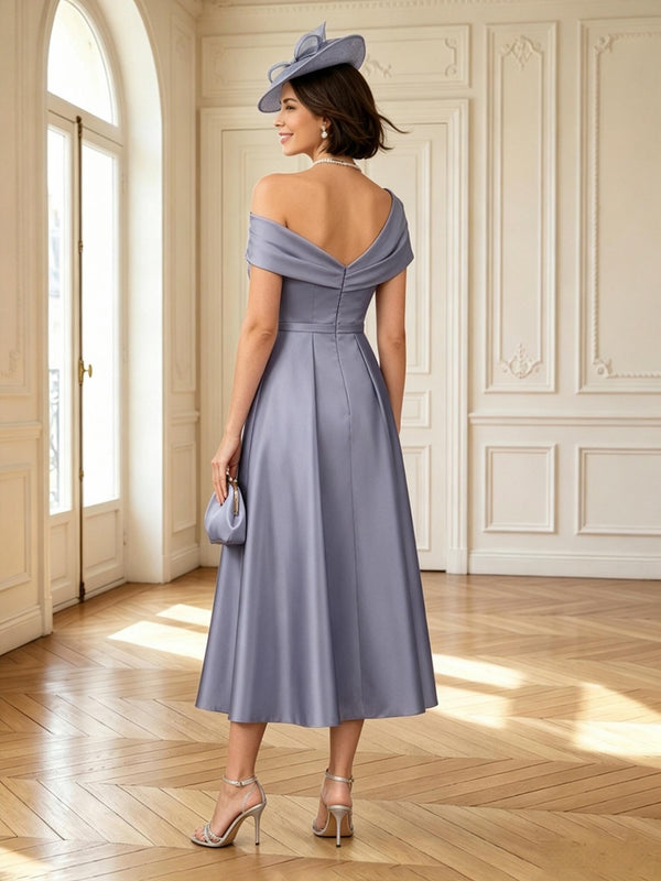 Satin A Line One Shoulder Tea Mother of the Bride Dresses