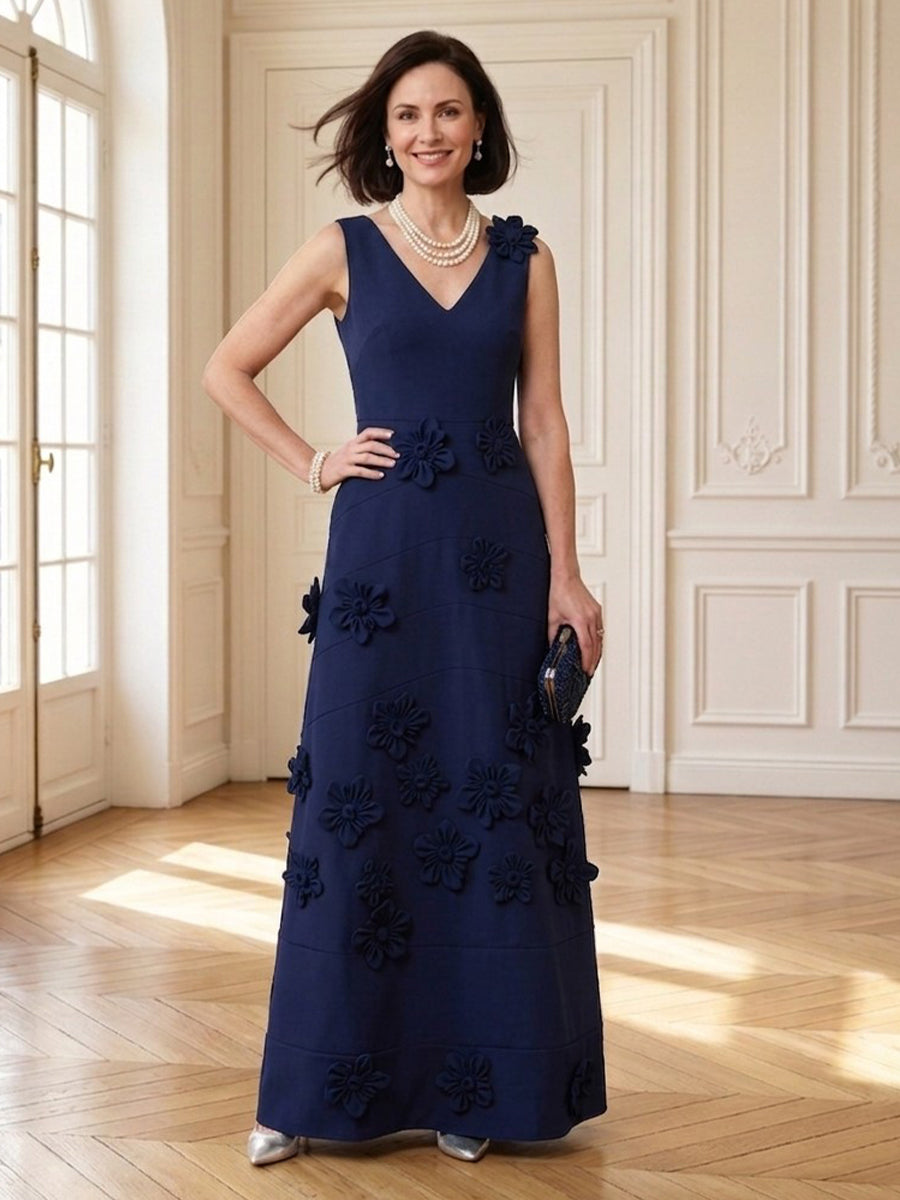 Satin V Neck A Line Long Mother of the Bride Dresses with Flower