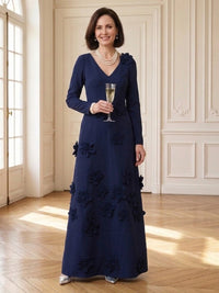 Satin V Neck Long Sleeves Floor Length Mother of the Bride Dresses with Flower