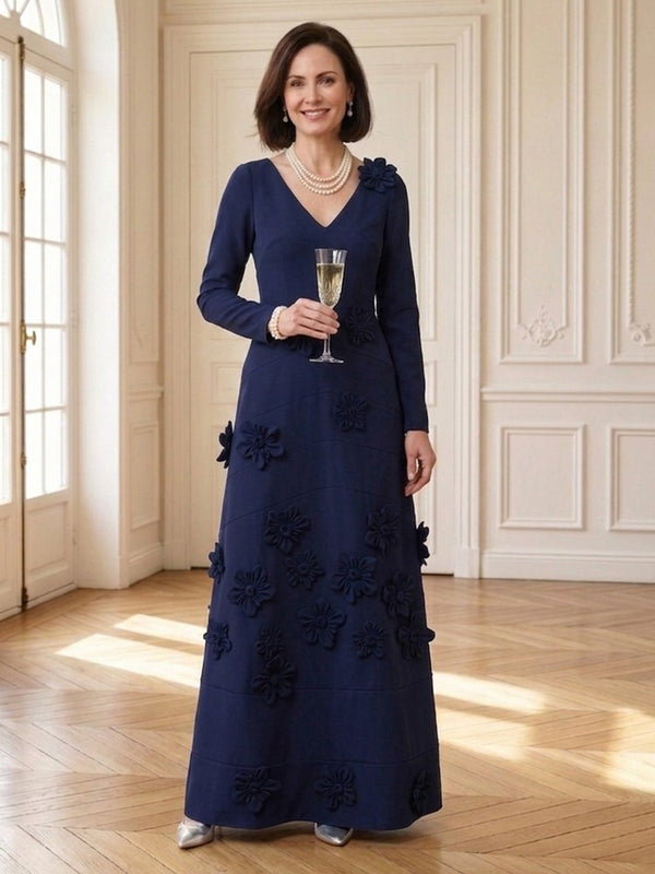 Satin V Neck Long Sleeves Floor Length Mother of the Bride Dresses with Flower