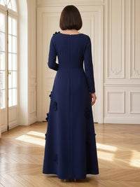 Satin V Neck Long Sleeves Floor Length Mother of the Bride Dresses with Flower