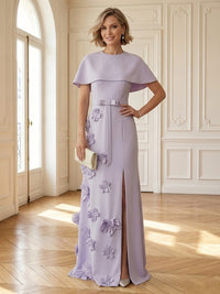 Satin Column Round Neck Long Mother of the Bride Dresses with Cape